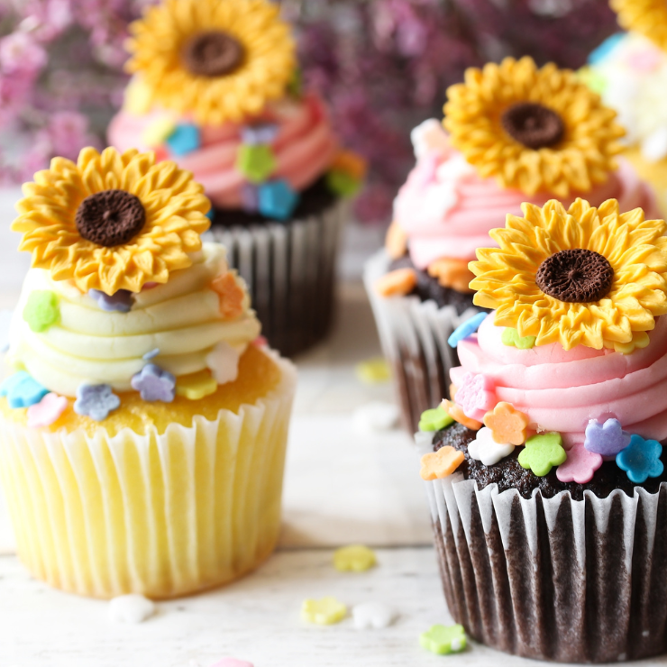 Bride to bee sunflower bridal shower cupcakes with sunflower toppers.