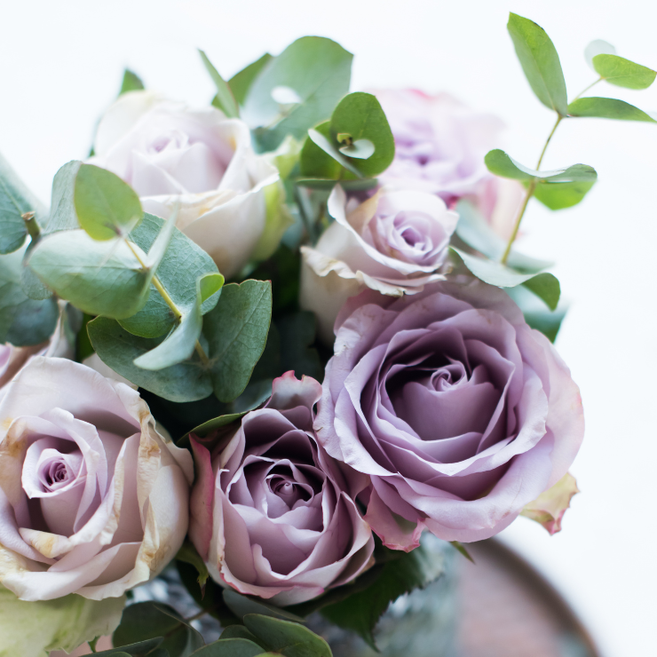 Dusty mauve wedding flowers with eucalyptus foliage.