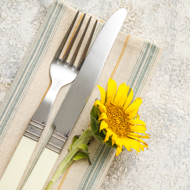 Bride to bee sunflower bridal shower cutlery setting with fork, knife and sunflower.