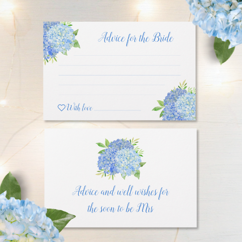 Blue hydrangea bridal shower advice for the bride cards with modern watercolor blue hydrangea bouquet with foliage and script typography.