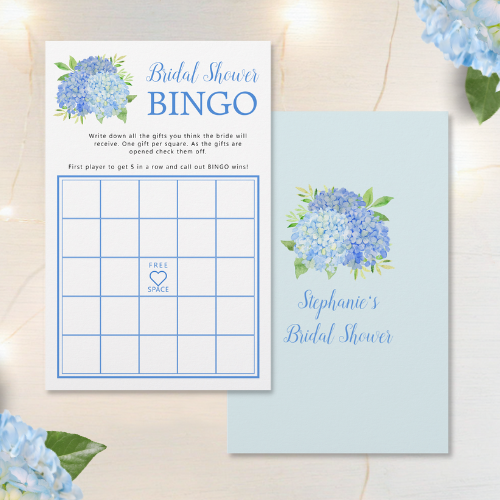 Blue hydrangea bridal shower bingo game with modern watercolor blue hydrangea bouquet with foliage and script typography.