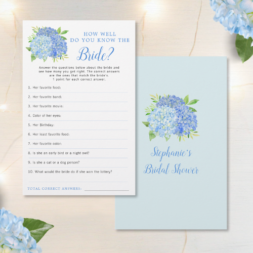 Blue hydrangea bridal shower bride game with modern watercolor blue hydrangea bouquet with foliage and script typography.