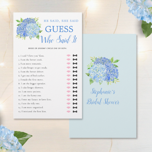 Blue hydrangea bridal shower guessing game with modern watercolor blue hydrangea bouquet with foliage and script typography.