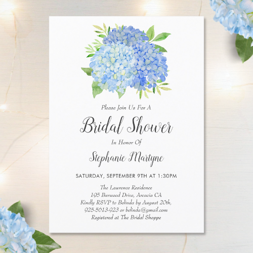 Hydrangea bridal shower invitations with watercolor blue hydrangea flowers bouquet with foliage and script typography.