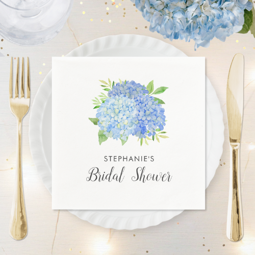 Blue hydrangea bridal shower personalized napkins with modern watercolor blue hydrangea bouquet with foliage and script typography.