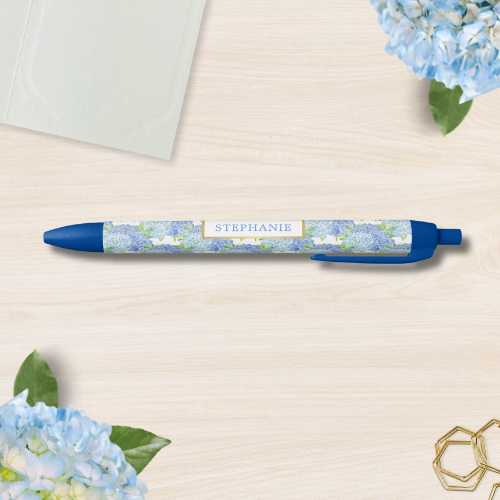 Blue hydrangea bridal shower personalized pen with modern watercolor blue hydrangea bouquet with foliage and script typography.