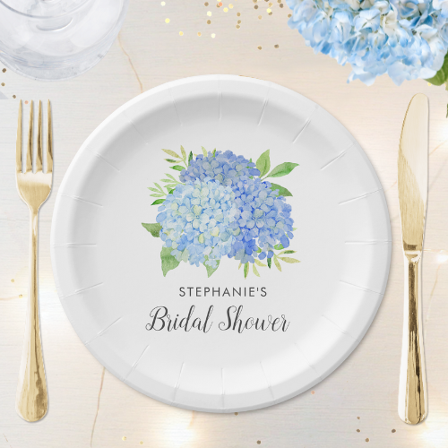 Blue hydrangea bridal shower paper plate with modern watercolor blue hydrangea bouquet with foliage and script typography.