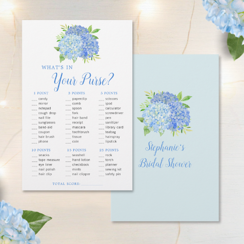 Blue hydrangea bridal shower purse game with modern watercolor blue hydrangea bouquet with foliage and script typography.