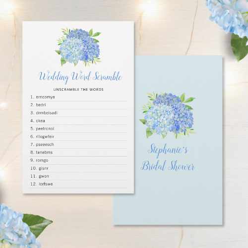 Blue hydrangea bridal shower word scramble game with modern watercolor blue hydrangea bouquet with foliage and script typography.