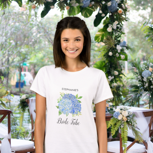 Blue hydrangea bridal shower bride tribe t shirt with modern watercolor blue hydrangea bouquet with foliage and script typography.