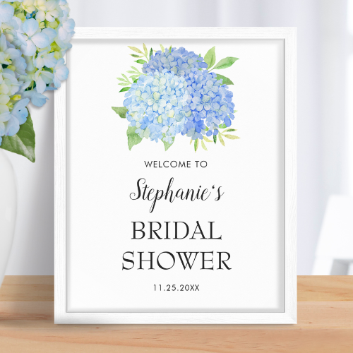 Blue hydrangea bridal shower framed poster with modern watercolor blue hydrangea bouquet with foliage and script typography.