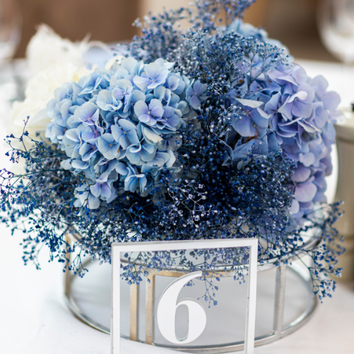 blue hydrangea table centerpiece with table number