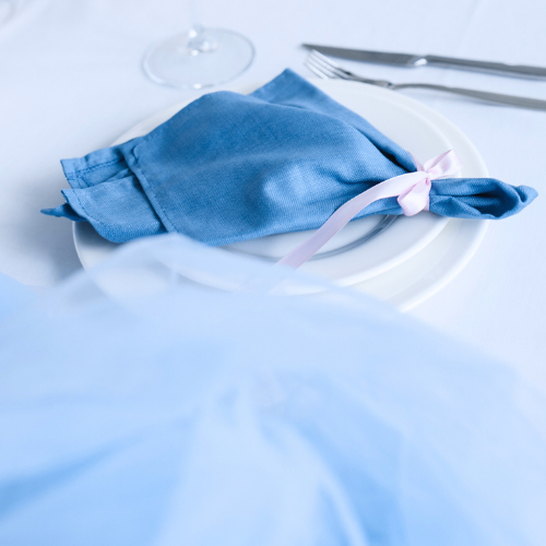 blue napkins with tulle on white table setting