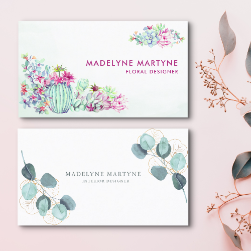 Professional designer business cards with botanical designs and clean typography featuring eucalyptus leaves, cactus and succulent flowers.