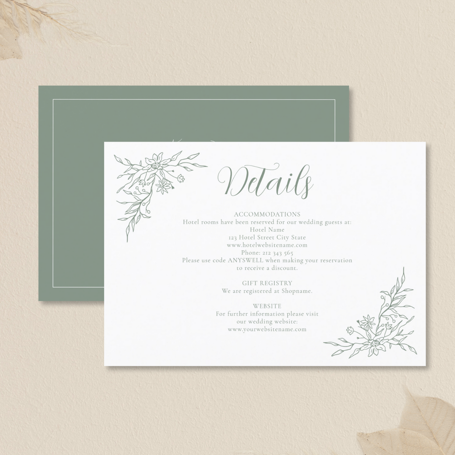 Sage green wedding details card with elegant botanical design and modern script typography.