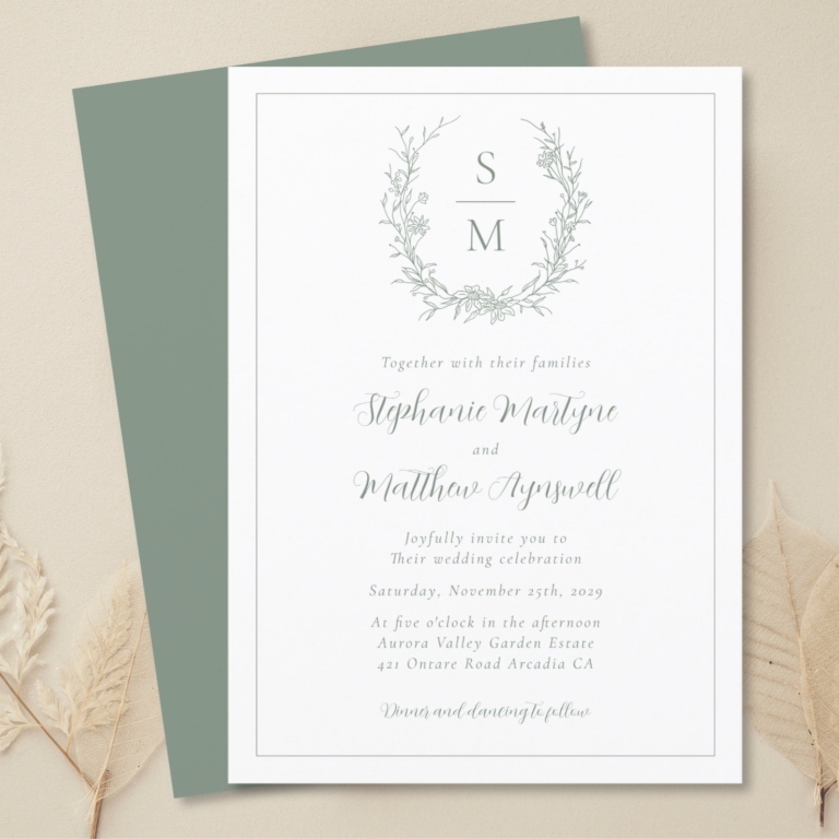 Botanical Monogram Sage Green Wedding Invitations