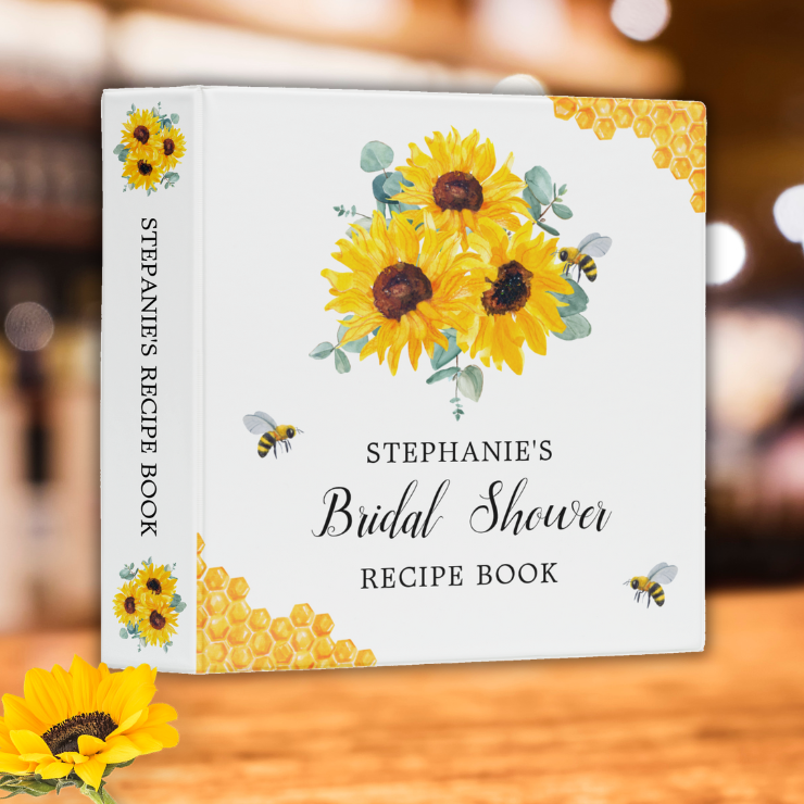 Bridal shower recipe binder Bridal shower paper plates with watercolor honeycomb, bees, sunflowers and eucalyptus foliage.