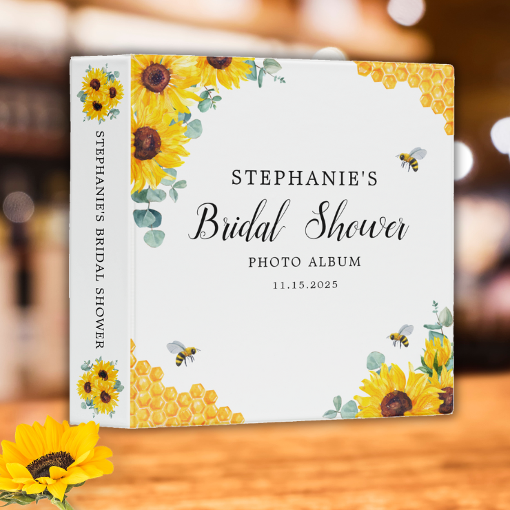 Bridal shower photo album binder Bridal shower paper plates with watercolor honeycomb, bees, sunflowers and eucalyptus foliage.