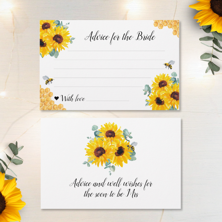 Advice for the bride bridal shower enclosure card Bridal shower paper plates with watercolor honeycomb, bees, sunflowers and eucalyptus foliage.