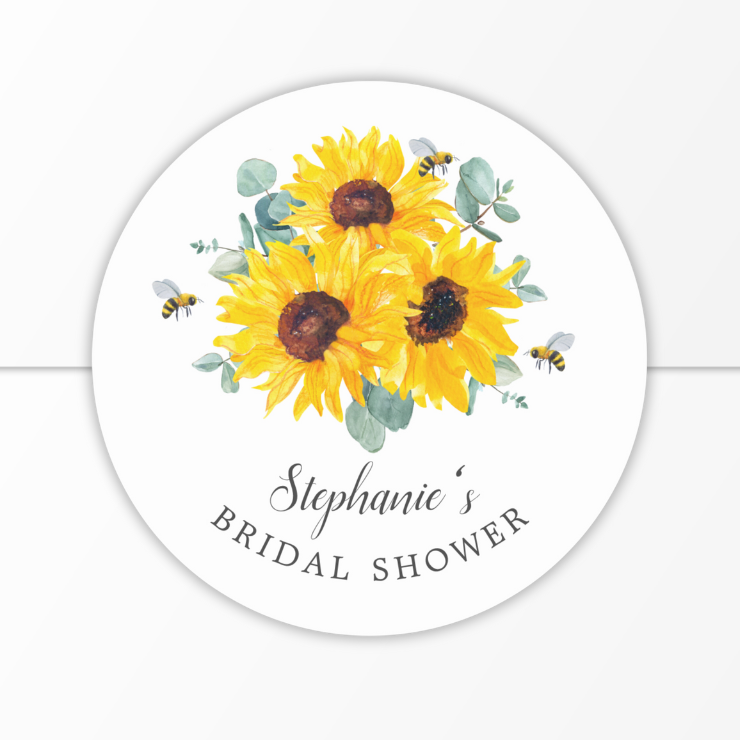 Bridal shower sticker Bridal shower paper plates with watercolor honeycomb, bees, sunflowers and eucalyptus foliage.