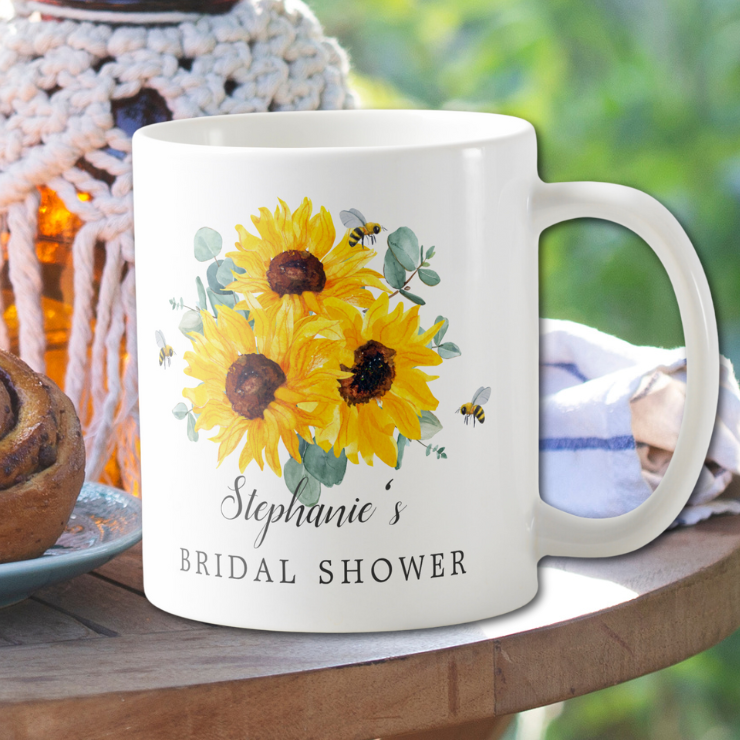 Bridal shower mug Bridal shower paper plates with watercolor honeycomb, bees, sunflowers and eucalyptus foliage.