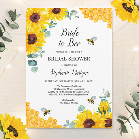 Bride to bee bridal shower invitations Bridal shower paper plates with watercolor honeycomb, bees, sunflowers and eucalyptus foliage.