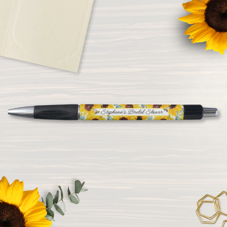 Bridal shower customized pen with watercolor sunflowers and eucalyptus foliage.