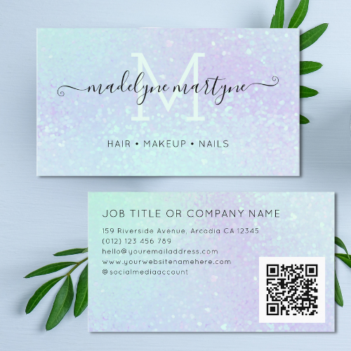 Chic hologram inspired glitzy design with modern script typography for hair makeup nails professional in hues of purple and blue. Back of the card has a QR code and contact