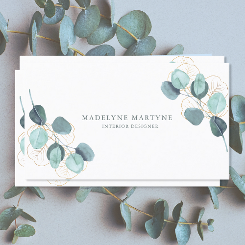 Interior designer business cards with botanical eucalyptus leaf foliage design with clean typography serif font on white background.