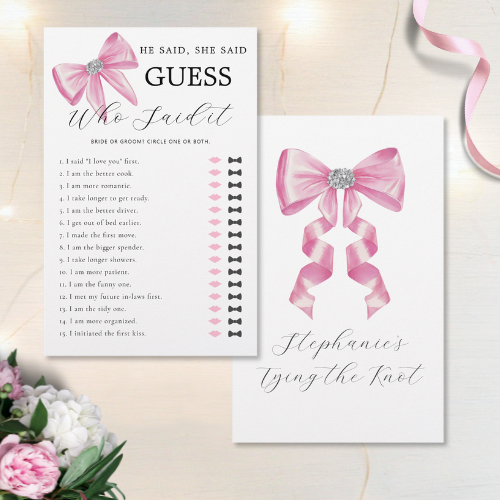 Shes tying the knot bridal shower coquette themed he said she said bridal shower game featuring a chic glam silky pink bow with sparkling rhinestones design and customizable modern script typography.