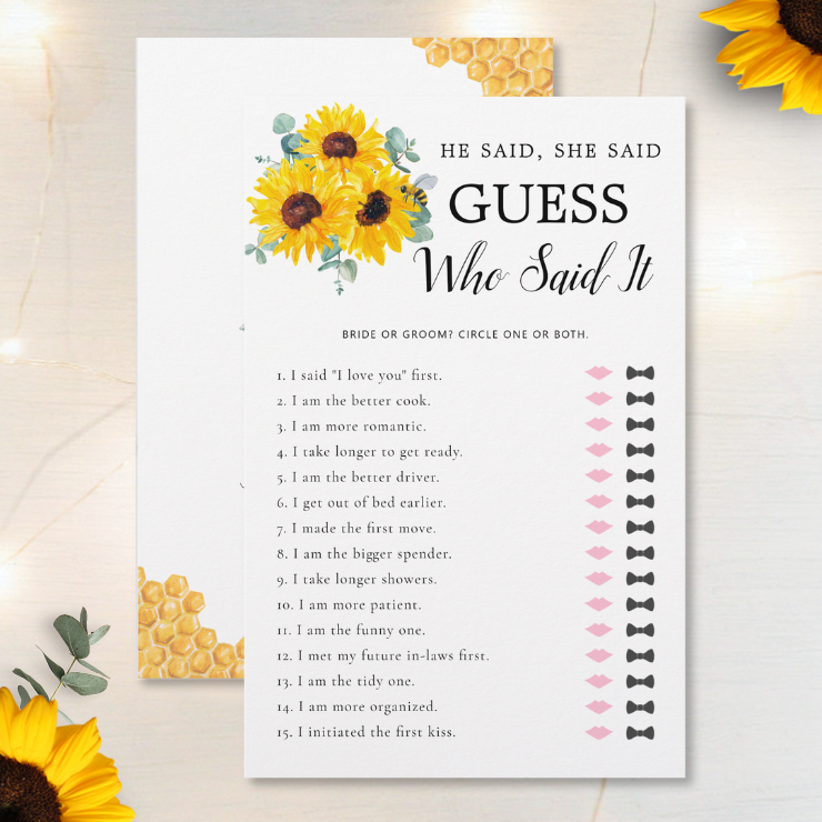 Bridal shower he said she said game Bridal shower paper plates with watercolor honeycomb, bees, sunflowers and eucalyptus foliage.