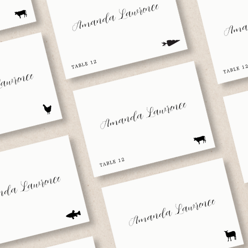 Wedding place cards with beef, chicken, seafood, vegetarian, pork and lamb meal options, table number and personalized name in modern script typography.