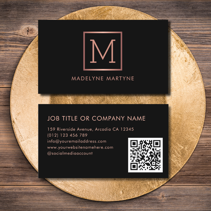 Elegant QR code black monogram logo business cards with faux rose gold monogram and QR code on the back.