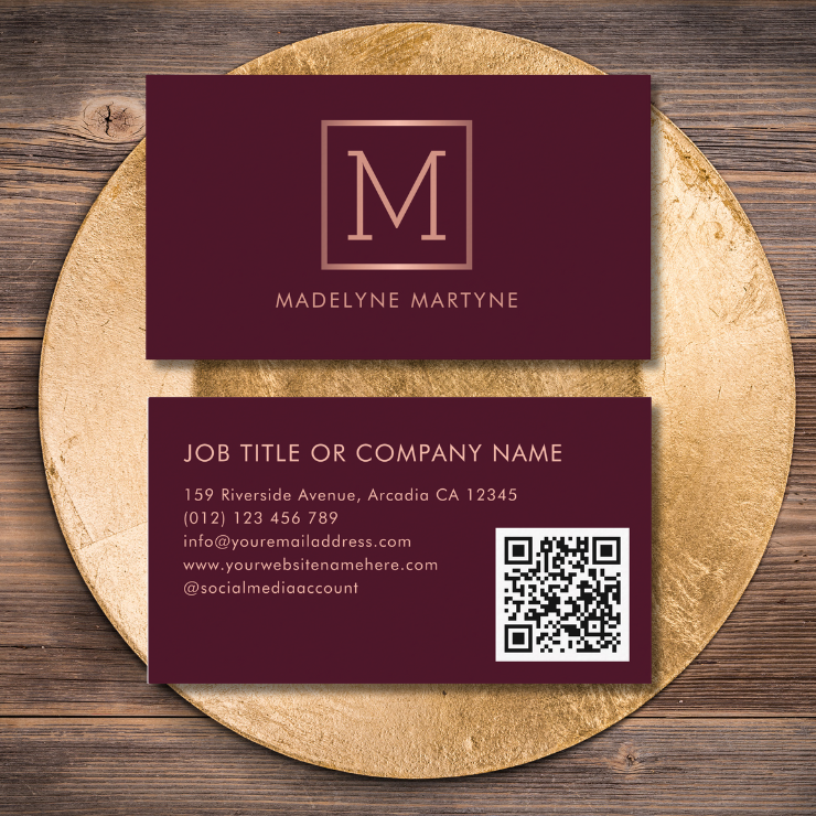 Elegant QR code burgundy monogram logo business cards with faux rose gold monogram and QR code on the back.