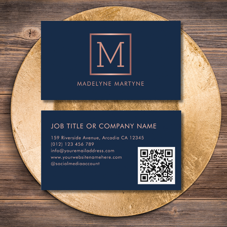 Elegant QR code navy monogram logo business cards with faux rose gold monogram and QR code on the back.