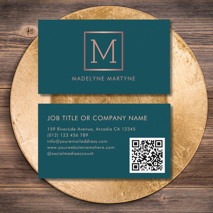 Elegant QR code teal monogram logo business cards with faux rose gold monogram and QR code on the back.