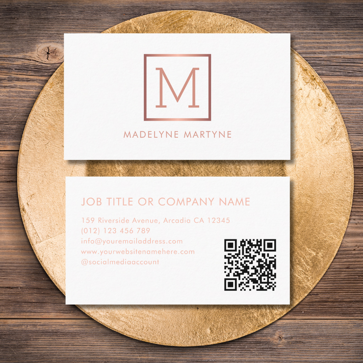 Elegant QR code white monogram logo business cards with faux rose gold monogram and QR code on the back.