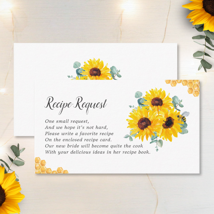 Bridal shower recipe request enclosure card Bridal shower paper plates with watercolor honeycomb, bees, sunflowers and eucalyptus foliage.