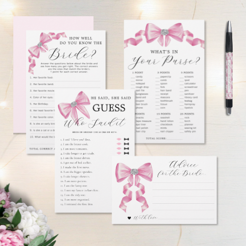 Shes tying the knot bridal shower coquette themed bridal shower games and advice card featuring a chic glam silky pink bow with sparkling rhinestones design and modern script typography.