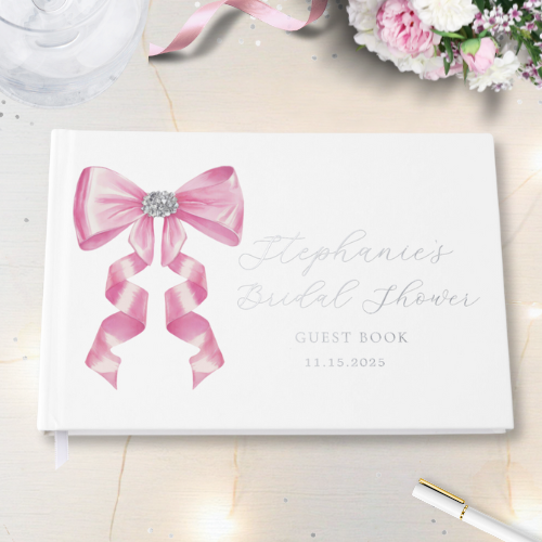 Shes tying the knot bridal shower coquette themed guest featuring a chic glam silky pink bow with sparkling rhinestones design and customizable modern script typography in silver foil.