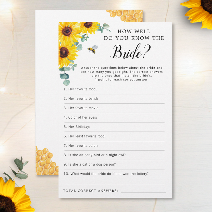 Bridal shower How well do you know the bride game Bridal shower paper plates with watercolor honeycomb, bees, sunflowers and eucalyptus foliage.