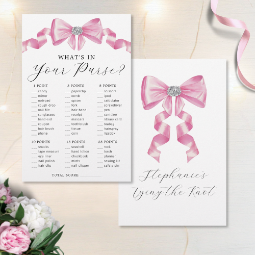 Shes tying the knot bridal shower coquette themed whats in your purse bridal shower game featuring a chic glam silky pink bow with sparkling rhinestones design and customizable modern script typography.